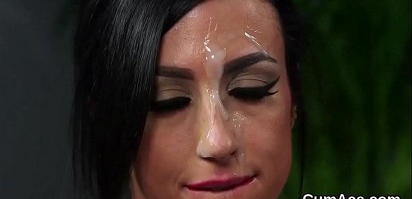  Kinky sex kitten gets sperm load on her face swallowing all the jizm
